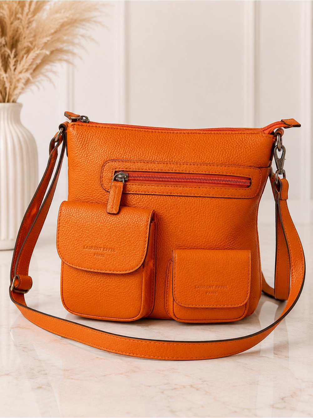 Laurent Effel St Barth Orange Pebbled Leather Crossbody Shoulder Bag